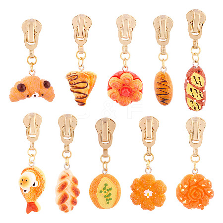 10Pcs 10 Styles Bread Resin Zipper Sliders HJEW-TAC0078-1