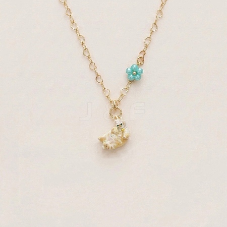 304 Stainless Steel Enamel Cute Cat Shape with Flower Pendant Necklaces for Women SA-CBA8F25-01B-1