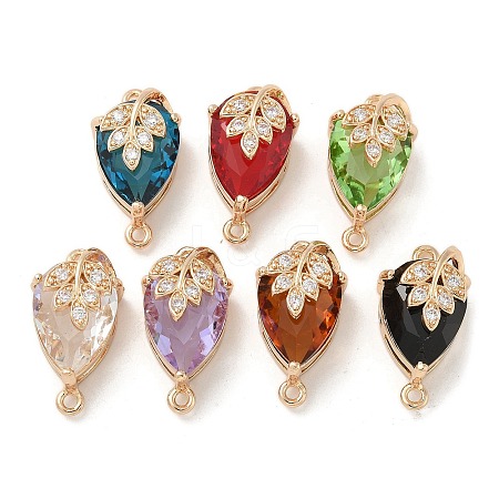 Brass Pave Faceted Glass Teardrop Connector Charms KK-G517-10G-1