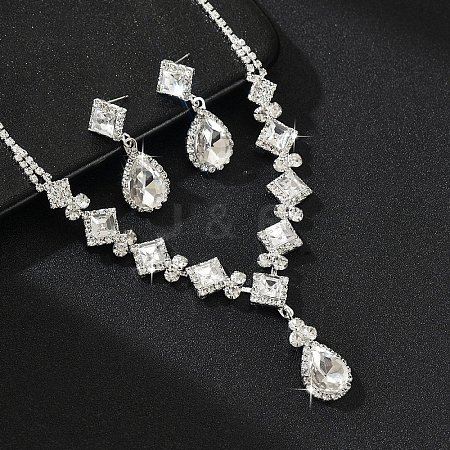 Teardrop & Rhombus Brass Rhinestone Pendant Necklaces & Stud Dangle Earrings Sets FS-WG09414-03-1