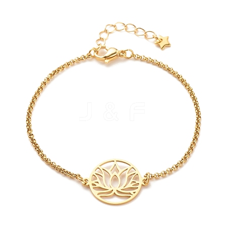 201 Stainless Steel Lotus Links Bracelet with 304 Stainless Steel Box Chains for Women BJEW-JB08281-04-1