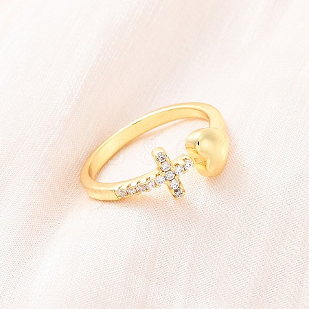 Brass Micro Pave Clear Cubic Zirconia Cuff Rings for Women RJEW-U047-15G-1