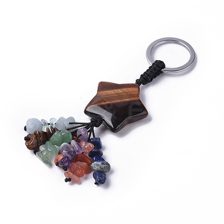 Tiger Eye Star with Mixed Gemstone Chips Beaded Tassel Keychains KEYC-P012-01P-05-1