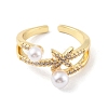 Clear Cubic Zirconia Star Open Cuff Ring with Plastic Pearl Beaded RJEW-C058-01G-2