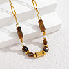 Natural Tiger Eye Cuboid Round Beaded 304 Stainless Steel Paperclip Chain Necklaces for Women WGF19B2-02-1