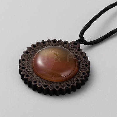 Natural Carnelian & Wood Flower Pendant Necklace with Adjustable Nylon Cords NJEW-WH0002-118B-1