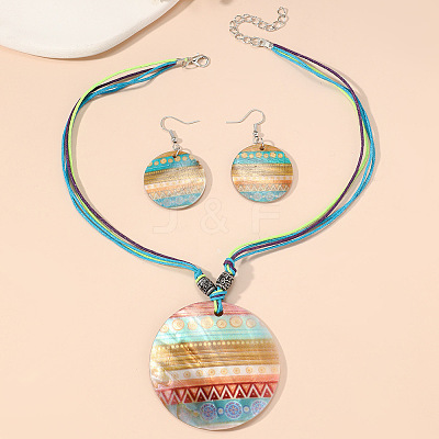Boho Printed Natural Shell Graffiti Flat Round Pendant Earrings & Necklaces Set FS-WG2A623-05-1