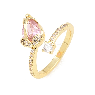 Flower Brass Micro Pave Cubic Zirconia Cuff Open Rings for Women CU-CBA0A21-06A-G-1