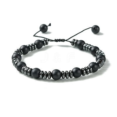 Black Glass & Non-magnetic Synthetic Hematite Round Braided Bead Bracelet BJEW-TA00440-1