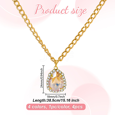 4Pcs 4 Colors Brass Rhinestone Teardrop Pendant Aluminum Chain Necklaces for Women NJEW-HY0001-33-1