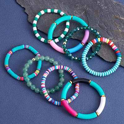 8Pcs 6 Style Synthetic Imperial Jasper & GLass Beaded Stretch Bracelets Set BJEW-SW00086-05-1
