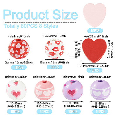 80Pcs 8 Styles Valentine's Day Printed Wood Beads WOOD-TA0003-01-1