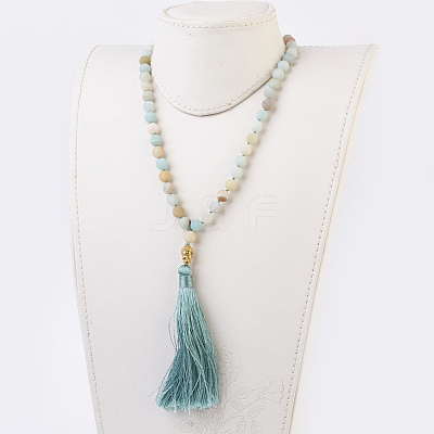 Natural Amazonite Buddha Mala Beads Necklaces NJEW-JN02129-03-1