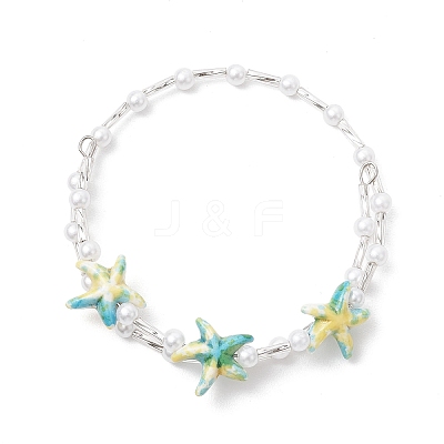 Starfish Synthetic Turquoise & Imitated Pearl Acrylic & Glass Twisted Bugle Beaded Bracelets for Women BJEW-JB11850-1