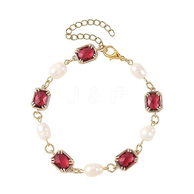 Natural Cultured Freshwater Pearl & Brass Glass Link Chains Bracelets for Women BJEW-JB14214-1