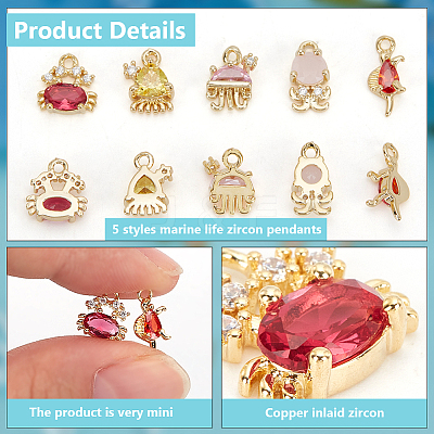 10pcs 5 Styles Marine Organism Theme Brass Micro Pave Cubic Zirconia Charms FIND-FG0004-04-1