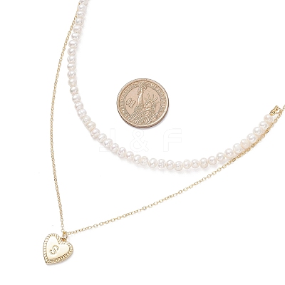 Natural Cultured Freshwater Pearl Potato Beaded Brass Heart with Letter Pendant Double Layer Necklaces NJEW-JN05392-03-1