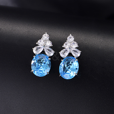 Brass Pave Cubic Zirconia Oval with Flower Stud Earrings for Women ML2840-2-1