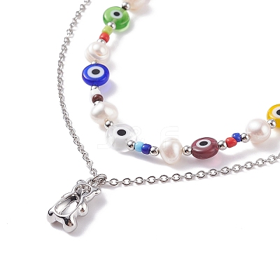 2Pcs 2 Style Natural Pearl & Evil Eye Beaded Necklaces with Bear Pendant for Women NJEW-TA00019-1