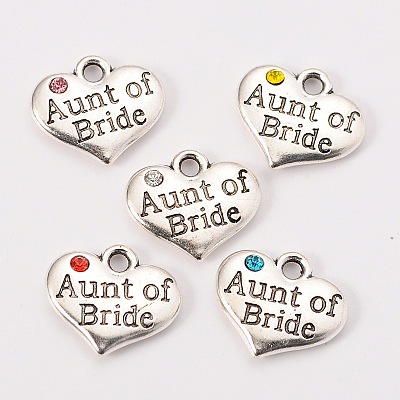 Wedding Theme Antique Silver Tone Tibetan Style Heart with Aunt of Bride Rhinestone Charms X-TIBEP-N005-09-1
