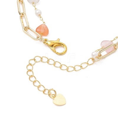 Brass Paperclip Chain & Cat Eye Heart & Plastic Pearl Beaded Chain Double Layers Bracelets for Women BJEW-JB13567-1