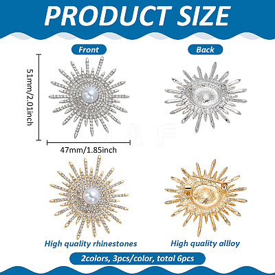 6Pcs 2 Colors Sun Alloy Rhinestone Brocches JEWB-FG0001-41-1