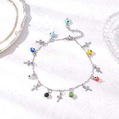 Handmade Evil Eye Lampwork & 304 Stainless Steel Cross Tassel Bar Link Chain Anklets for Women AJEW-AN00741-01-1