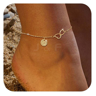 Brass Double Heart Link Flat Round Initial Charm Anklets for Women FS-WGA84B7-20-1