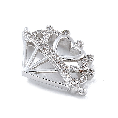 Rack Plating Brass Micro Pave Clear Cubic Zirconia Heart Crown Connector Charms KK-A234-060P-1