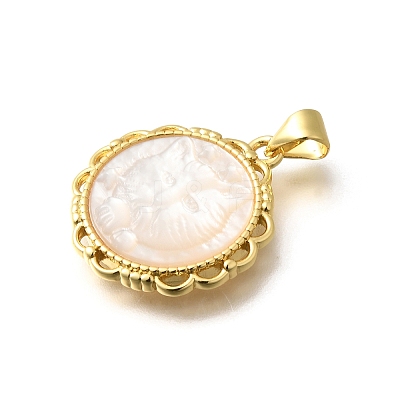 Brass Pave Natural White Shell Carved Cat Pendants KK-Z091-08G-03-1