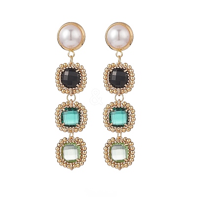 Glass Rectangle Beaded Long Dangle Stud Earrings with Imitation Pearl EJEW-TA00141-01-1