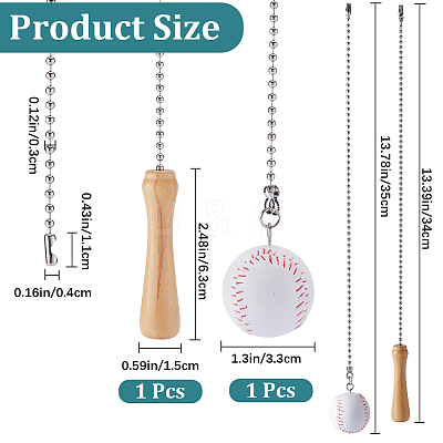 2Pcs 2 Style Baseball Theme PU Leather & Wood Ceiling Fan Pull Chain Extenders FIND-GF0005-92-1