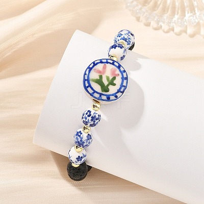 2Pcs 2 Colors Handmade Printed Porcelain Floral Flat Round & Round Natural Lava Rock Beaded Stretch Bracelet Sets BJEW-JB14186-1