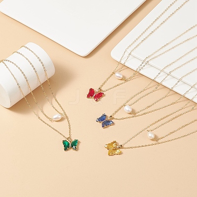 4Pcs 4 Color Glass Butterfly & Natural Pearl Pendants Double Layer Necklaces Set with Clear Cubic Zirconia NJEW-TA00043-1