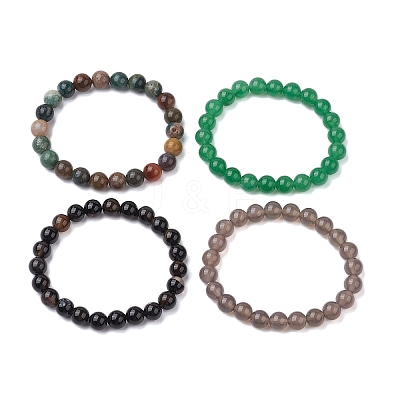 4Pcs Constellation 8mm Round Natural Gray Agate & Green Aventurine & Indian Agate & Black Onyx(Dyed & Heated) Beaded Stretch Bracelets for Women BJEW-JB10632-1