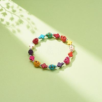 Synthetic Turquoise(Dyed) Cross & Skull Beaded Stretch Bracelet BJEW-JB08452-02-1