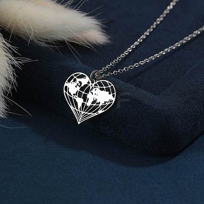 201 Stainless Steel Heart with Map Pendant Necklaces for Women FS-WGB4230-02-1