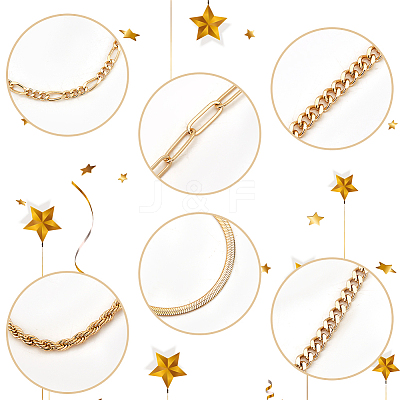 6Pcs 6 Style Brass Twist Rope & Figaro & Paperclip & Curb Chain Bracelets Set for Women BJEW-AN0001-10-1