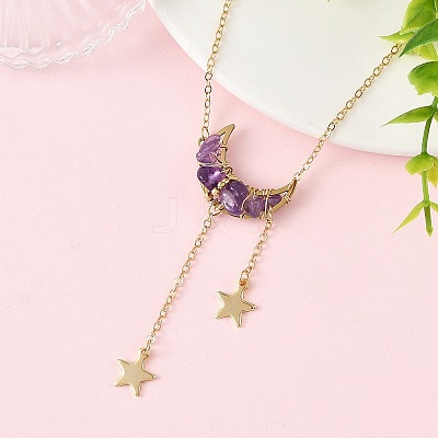 Natural Amethyst Chip Beads Moon Pendant Brass Cable Chain Necklaces for Women NJEW-TA00257-01-1