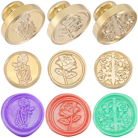 CRASPIRE 3Pcs 3 Styles Golden Plated Wax Seal Brass Stamp Head AJEW-CP0007-52B-1