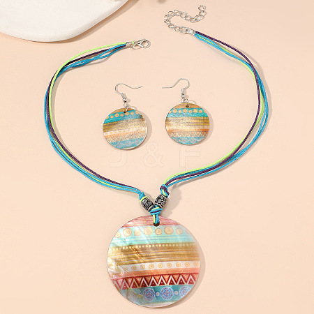 Boho Printed Natural Shell Graffiti Flat Round Pendant Earrings & Necklaces Set FS-WG2A623-05-1