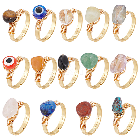 14Pcs 14 Styles 304 Stainless Steel & Gemstone Chip & Evil Eye Resin Finger Rings NJEW-WR00011-1