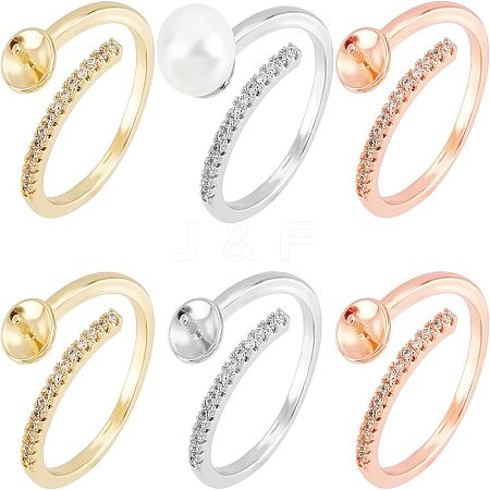 CHGCRAFT 6Pcs 3 Colors Brass Micro Pave Cubic Zirconia Open Cuff Finger Ring Settings FIND-CA0004-68-1