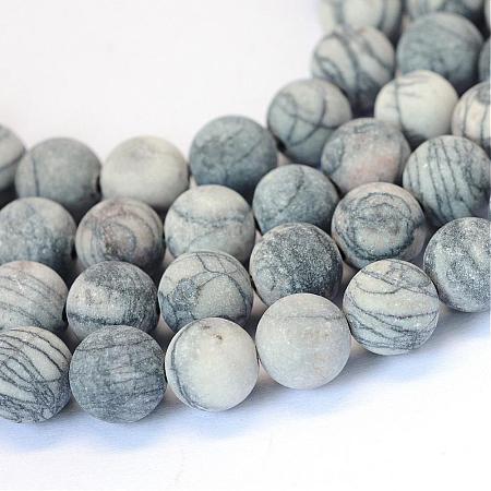 Frosted Natural Black Silk Stone/Netstone Round Bead Strands G-E334-10mm-25-1