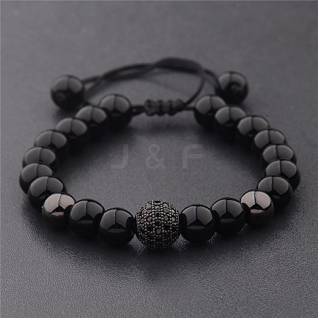 Round Natural Black Onyx(Dyed & Heated) & Brass Pave Cubic Zirconia Braided Bead Bracelets for Women Men QX9034-2-1