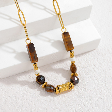 Natural Tiger Eye Cuboid Round Beaded 304 Stainless Steel Paperclip Chain Necklaces for Women WGF19B2-02-1