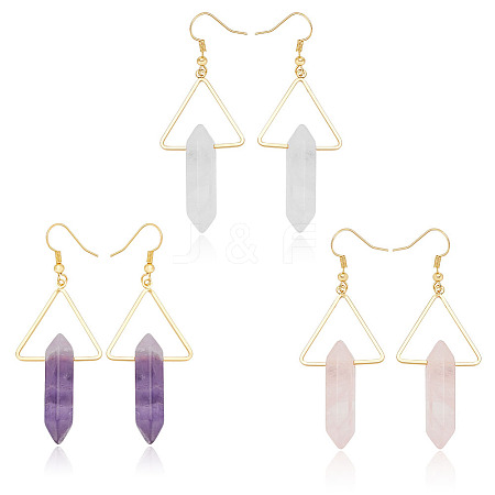 ANATTASOUL 3 Pairs 3 Style Natural Mixed Gemstone Triangle with Bullet Dangle Earrings EJEW-AN0002-27-1