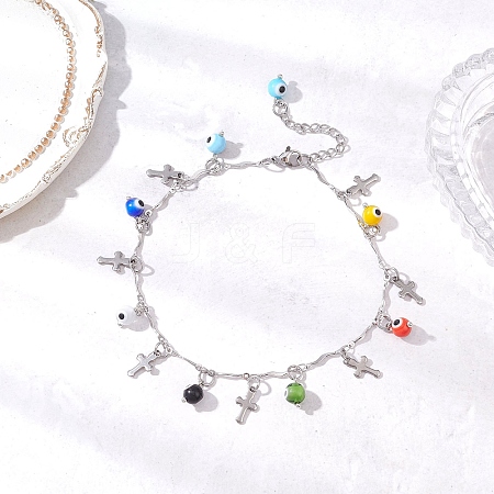 Handmade Evil Eye Lampwork & 304 Stainless Steel Cross Tassel Bar Link Chain Anklets for Women AJEW-AN00741-01-1