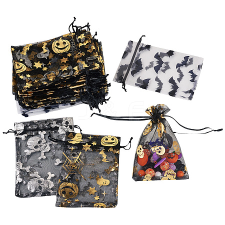 40Pcs 4 Styles Halloween Theme Spider Bat Skull Printed Organza Drawstring Bags ABAG-TA0002-03-1
