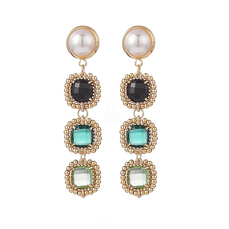 Glass Rectangle Beaded Long Dangle Stud Earrings with Imitation Pearl EJEW-TA00141-01-1